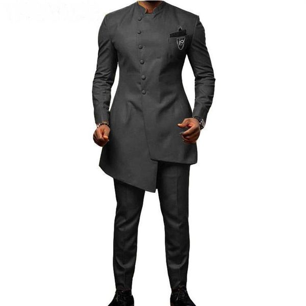 Afrikanischer Standkragen Männer Anzug 2 Stück männliches Kleid Hochzeitsbräutigam dunkelgrau Schlanker Fit Business Prom Party Tuxedo Mann Blazer Männer2630