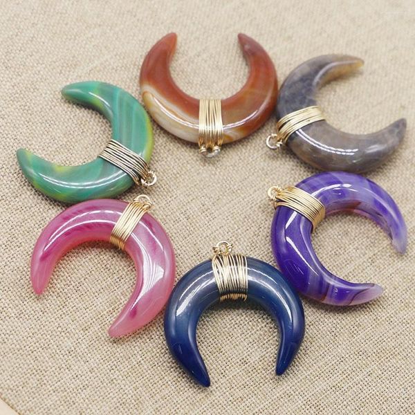 Anhänger Halsketten Naturstein Multi-Color Bull Horn Halskette Mond C-förmige Pullover Kette Wunde Charm Schmuckherstellung Zubehör 5 Teile/los