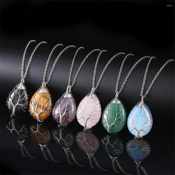 Ketten 1PC Frauen Wire Wrap Kristalle Halsketten Naturstein Anhänger Wasser Tropfen Edelstein Halskette Jade Teardrop