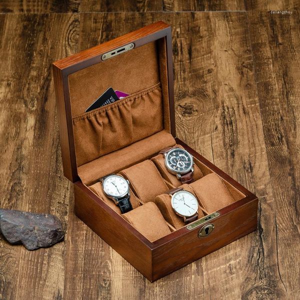 Scatole per orologi Scatola di legno di lusso a 6 slot con custodia per collezione di gioielli con chiusura a lucchetto, braccialetto per gioielli, display da polso