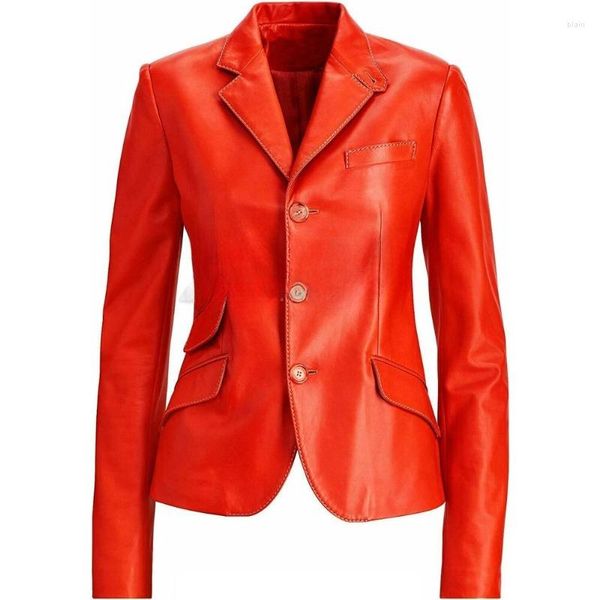 Мужские куртки, женский пиджак из натуральной кожи овчины, приталенный пиджак оранжевого цвета, куртка на трех пуговицах