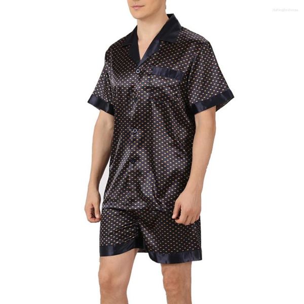 Pijamas masculinos verão macio seda cetim pijamas conjunto listrado dot manga curta único breasted camisas shorts conjuntos de pijamas para homem