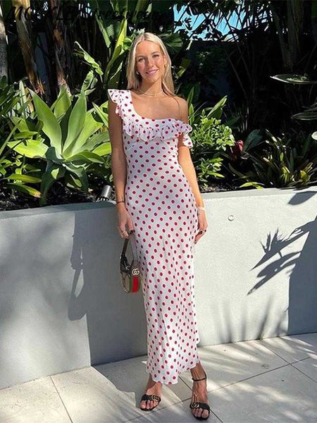 Polka Dot Print Kleid Frauen Maxi Elegante Off Schulter Rüschen Bandage Weibliche Kleider 2023 Sommer Urlaub Strand Dame Robe