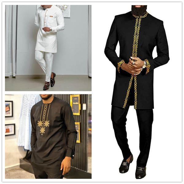 Survêtements pour hommes Kaftan Hommes Costumes Ensembles Brodé Haut À Manches Longues Pantalon Traditionnel Culturel Porter Ethnique Style Décontracté 2 Pièces Ensemble Tenues Tissu 230906