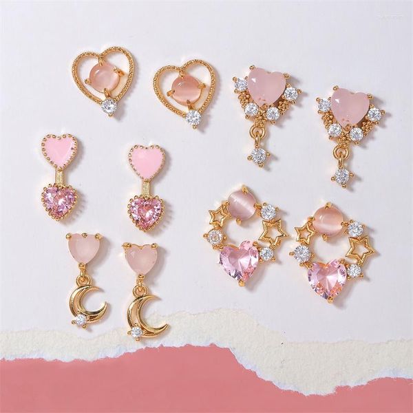 Серьги-гвоздики с розовым сердечком и цирконием для женщин, милые серьги золотого цвета с геометрическим рисунком звезды, модные эстетические ювелирные изделия, подарки