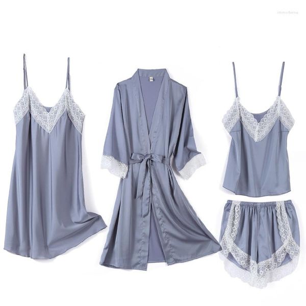 Mulheres sleepwear 4pcs pijamas conjunto mulheres v-pescoço negligee sleep wear pijama home nightie sexy manga longa roupão primavera robe vestido terno