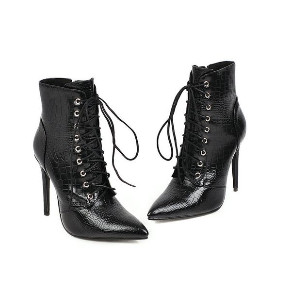 Sexy tornozelo botas de cowboy para mulheres sapatos moda cobra vermelho branco preto salto alto senhora rendas até bota curta outono grande para meninas sapatos