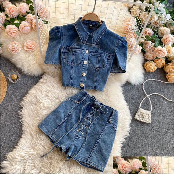 Trajes de mujer para mujer 2022 verano sin mangas sin tirantes cremallera denim tanque top chaleco pantalones cortos de cintura alta jeans conjunto de dos piezas mujeres ou dhffp