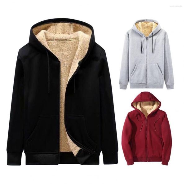 Jaquetas masculinas homens inverno casacos com capuz grosso pelúcia zip up cardigan manga longa cor sólida cordão casual para chaquetas hombre