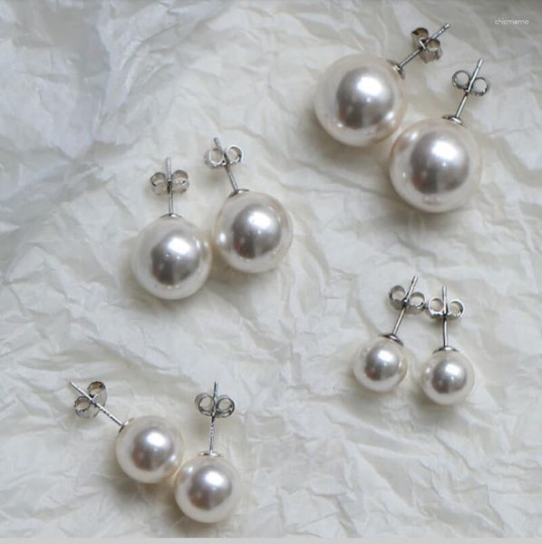 Ohrstecker, Größe auswählen, Damen-Ohrstecker, rund, weiße Muschelperlen, Perlen, Silber