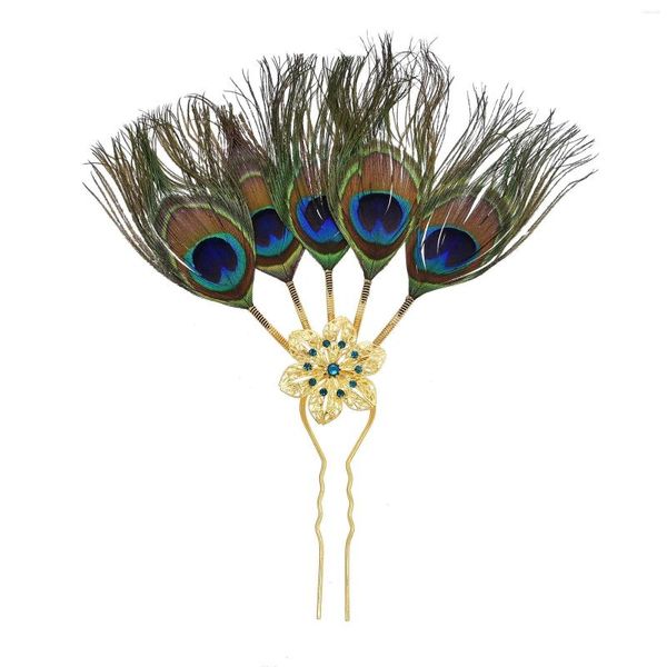 Grampos de cabelo étnica tradicional artesanal pavão pena vara flor forma liga mulheres hairpin declaração jóias acessórios