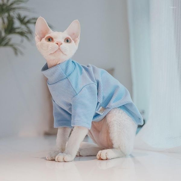 Trajes de gato vestuário para sphynx azul listrado algodão undershirt devon rex mangas compridas casaco de inverno gatinhos cães outono produto para animais de estimação