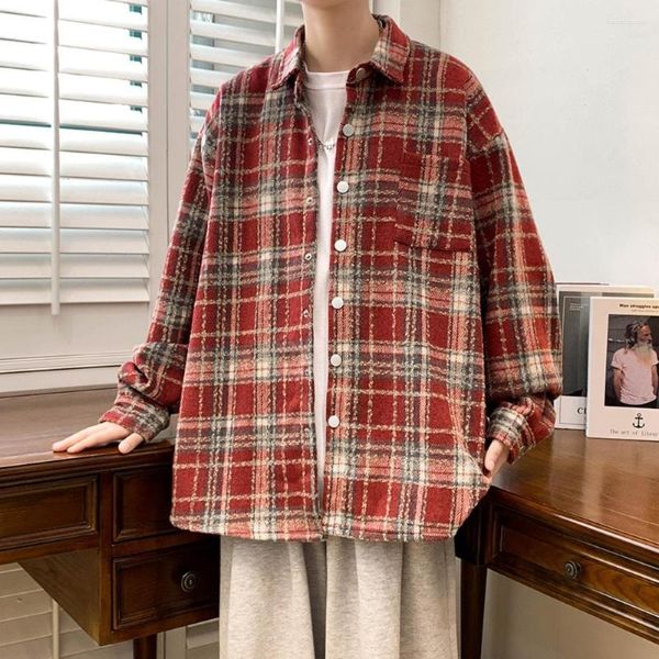 Männer Jacken Kleidung Herbst Thicking Plaid Langarm Shirts Revers Koreanische Trend Hemd 2023 Mode Casual Oversize 5XL Mäntel