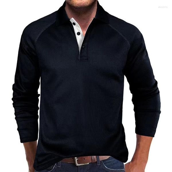 Herren-Polohemd, Waffelmuster, Herren-Henley-Poloshirt, lässig, solide, atmungsaktiv, hochwertige Hemden, reguläre Langarm-Basic-Strickoberteile, T-Shirts für Herren