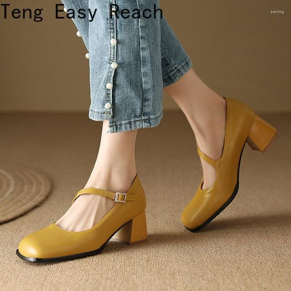 Scarpe eleganti vintage tacchi alti spessi Mary Jane donna 2023 pelle verniciata gialla donna punta quadrata pompe robuste Mujer