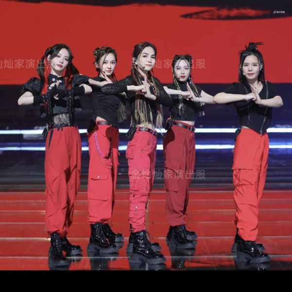 Damen Zweiteilige Hose Kpop Girl Group Jazz Dance Sexy Schwarz Slim Langarm T-Shirts Crop Tops Hip Hop Lose Gerade Cargo Damen Set