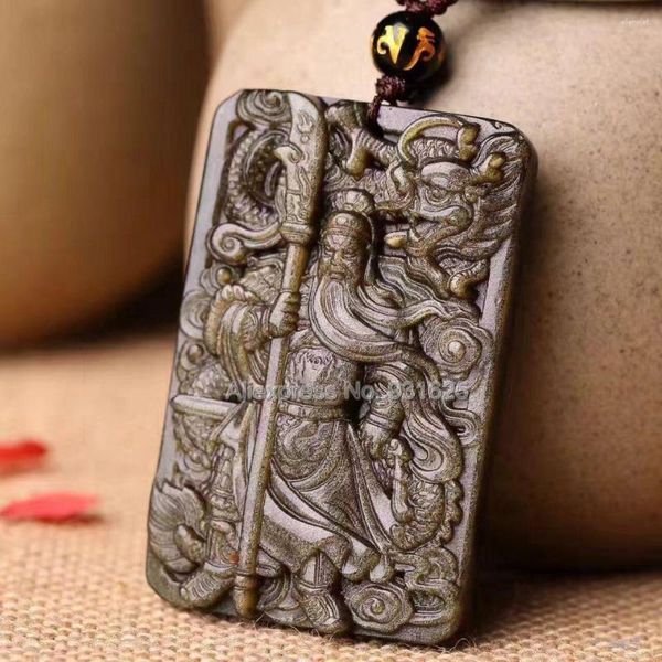 Colares de pingente bonito ouro natural obsidiana artesanal esculpido sward guangong sorte amuleto preto contas colar moda jóias