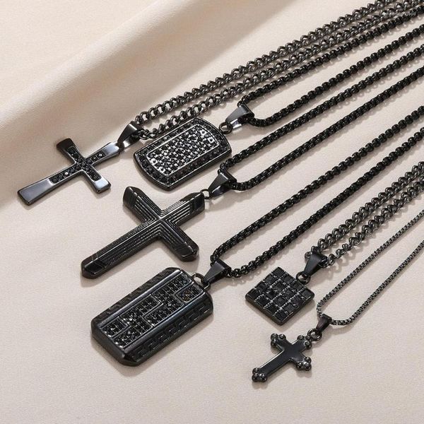Pingente colares y2k cruz colar de aço inoxidável para mulheres homens preto corrente punk quadrado zircon jóias presente de festa