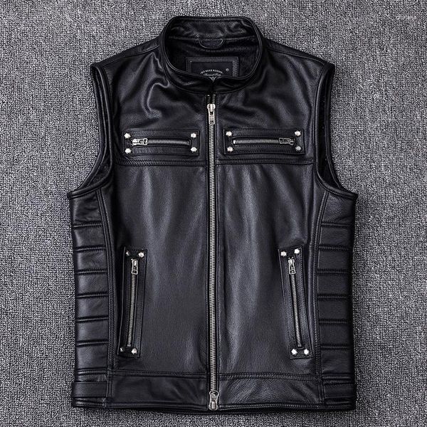 Gilet da uomo 2024 Vera Pelle di vacchetta Gilet Moto Biker Collare alla coreana di alta qualità Senza maniche Giubbotti Cerniera Gilet