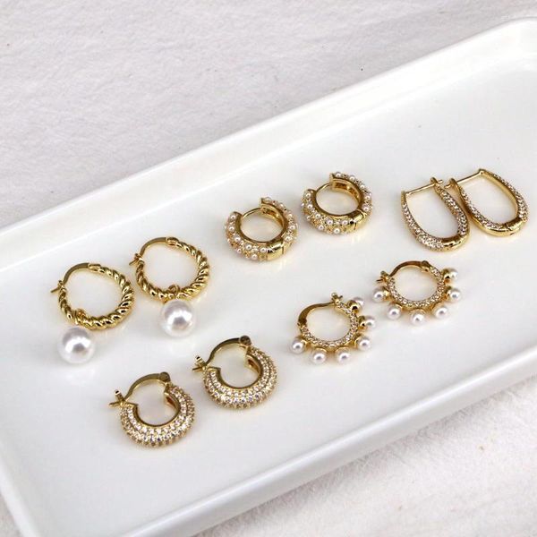 Hoop Ohrringe 5 Paar Vintage Zirkon Runde Kreis Für Frauen Goldene Perle Shell Koreanische Mode Schmuck 2023 Trendy