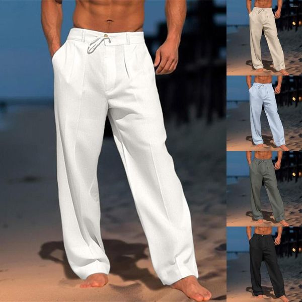 Pantaloni da uomo in lino estivo da spiaggia tasca frontale tinta unita rilassati da uomo allenamento allenamento ragazzi traversine