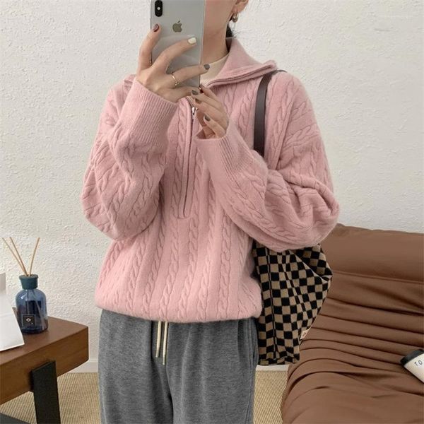 Frauen Pullover Koreanische CHIC Herbst/Winter 2023 Strickwaren Top Vintage Twt Halb Zipper Faul Pullover Pullover Rosa weibliche Jumper