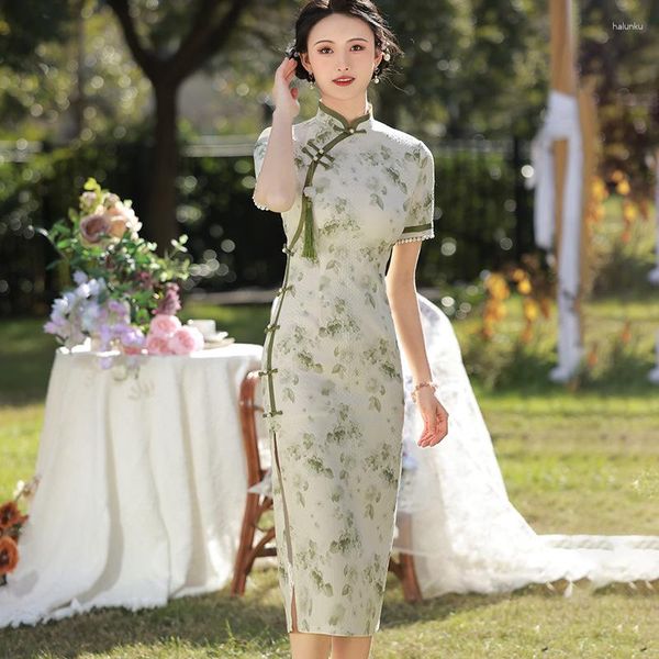 Roupas étnicas Mulheres Vintage Mandarim Collar Qipao Tradicional Estilo Chinês Floral Impressão Vestido Slim Cheongsam