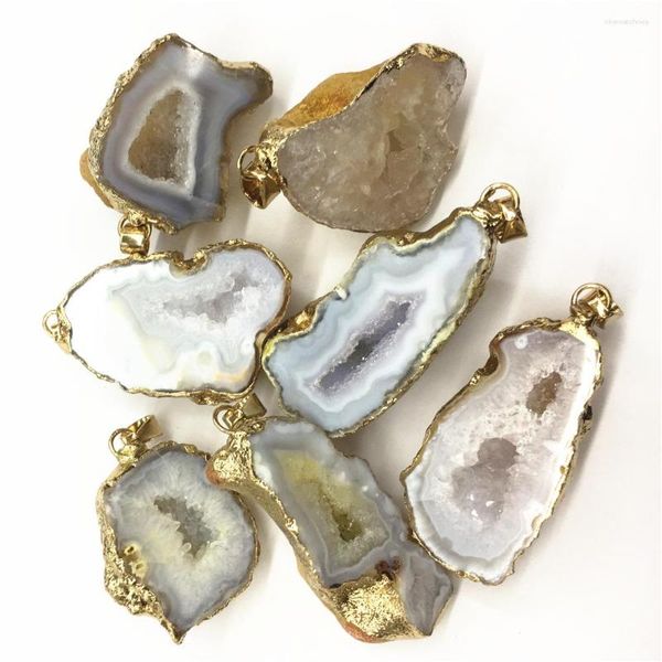 Colares Pingente Moda Pedra Natural Reiki Druzys PingentesColar Brasileiro Galvanizado Ouro Afiado Fatia Aberto Branco Ágatas Geode