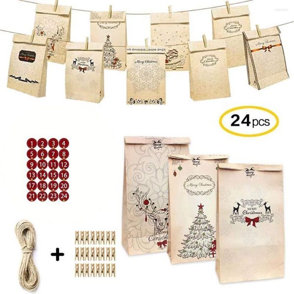 Envoltório de presente Natal Advento Calendário Saco Contagem regressiva de Natal 24 Sacos de papel Kraft extra-grossos DIY com adesivos para decorações de artesanato