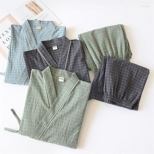 Homens sleepwear homens tradicionais pijamas japoneses conjunto robe calças quimono haori yukata vestido macio algodão gaze verde xadrez print276y