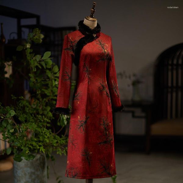 Roupas étnicas Cheongsam Inverno 2023 Estilo Feminino Modelos Jovens High-End Temperamento Espessamento Veludo Longos Vestidos de Noiva Qipaofor Mulheres