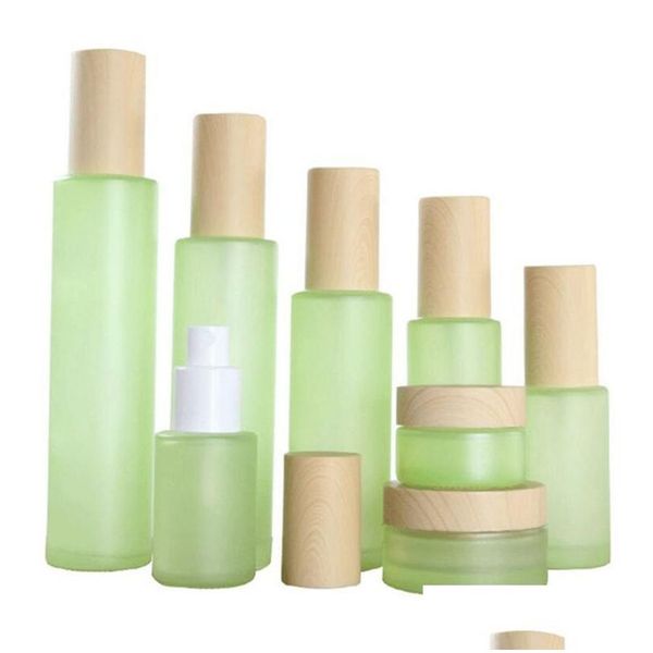 Bottiglie di imballaggio Bottiglia di vetro verde smerigliato all'ingrosso Barattolo di crema Nebbia fine Pompa per lozione spray Vasetti contenitori cosmetici riutilizzabili 20Ml 3 Ot9Kf