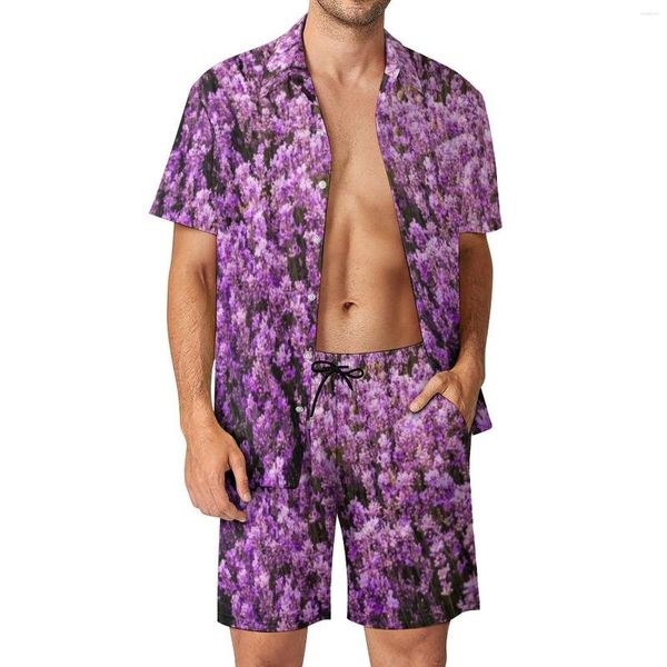 Herren-Trainingsanzüge, hübsches Pastell-Lavendel-Männer-Set, lila Friedensblume, modisches Freizeithemd-Set, Kurzarm-Grafik-Shorts, Sommer-Strandanzug