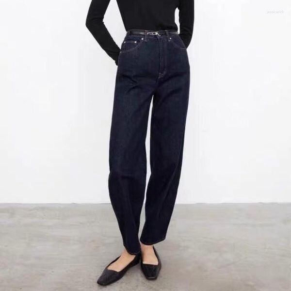 Jeans da donna 2023 pantaloni lunghi Denin con cerniera tascabile vintage blu scuro dritti a vita alta lavati larghi estivi