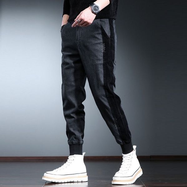 Männer Hosen Mode Seite Streifen Bleistift Männer Casual Streetwear Stickerei Patchwork Schwarze Hose 230906