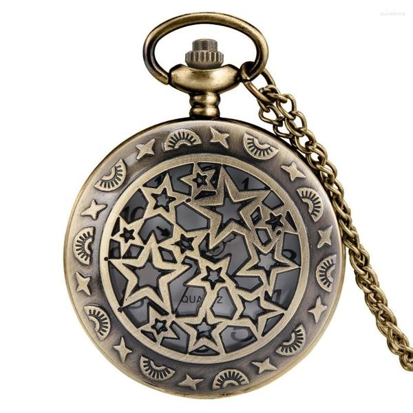 Orologi da tasca Collana analogica al quarzo con stelle cave in bronzo Orologio da uomo Donna Numeri arabi Quadrante con ciondolo vintage Orologio a catena con ciondolo Regali