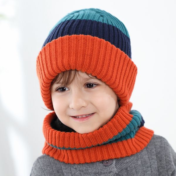 Berretti lavorati a maglia per bambini Sciarpa 2 pezzi Set Bambino Bambino Cappello invernale caldo Filato di moda Berretto da neve spesso Scaldacollo per bambini Gorro Nero Grigio Beige Blu a strisce Tinta unita