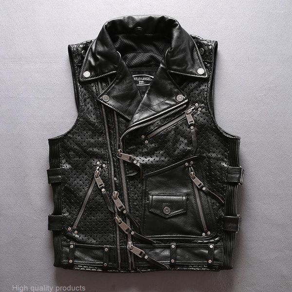 Gilet da uomo 5 giorni di arrivo in vera pelle Mesh traspirante cerniera obliqua gilet da motociclista spesso cappotto senza maniche taglie forti