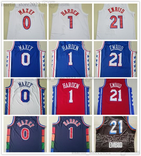 100% costurado jerseys de basquete James 1 Harden Joel 21 Embiid Tyrese 0 Maxey 2023 Equipe Branco Azul Vermelho Todos Bordados