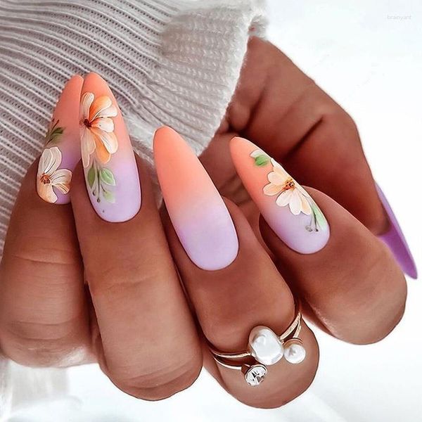 Unhas falsas 3d conjunto falso acessórios gradiente laranja flores design francês amêndoa dicas falso ongles imprensa em suprimentos de unhas acrílicas