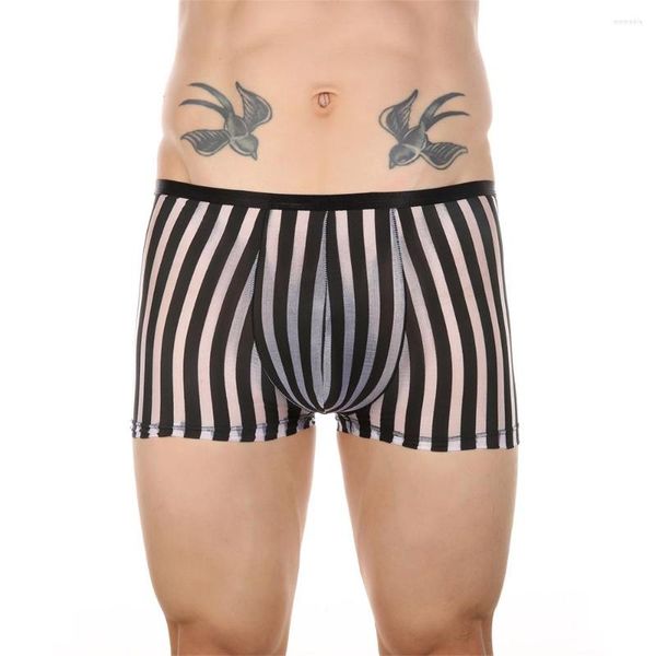 Cuecas masculinas malha listrada sheer conforto shorts u bolsa boxer briefs masculino roupa interior calcinha transparente sono bottoms troncos de banho