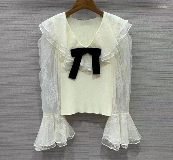 Maglioni da donna di alta qualità 2023 primavera autunno top donna scollo a V tulle pizzo maglia patchwork manica svasata casual maglioni lavorati a maglia