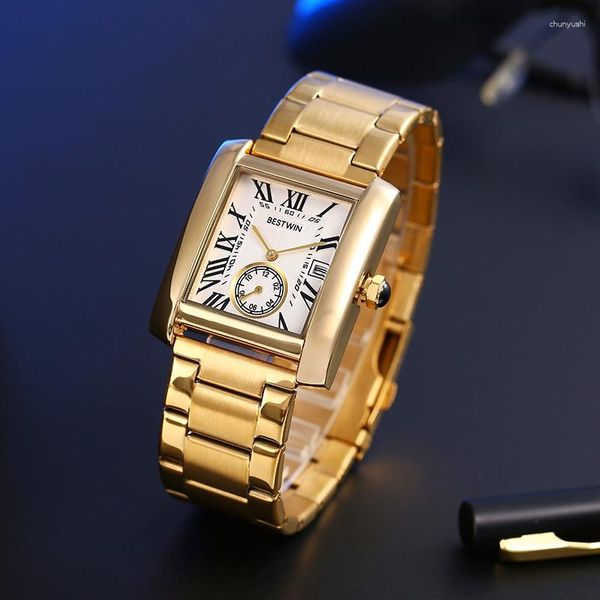Наручные часы Роскошные мужские часы Золотые, белые римские цифровые кварцевые металлические ремешки Прямоугольные классические брендовые деловые часы