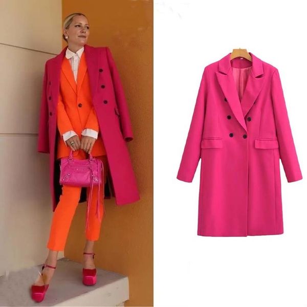 Женская смесь шерсти, розово-красная модная одежда с длинными рукавами, осенне-зимняя двубортная верхняя одежда с лацканами, прямое шикарное ретро-пальто женское 230905