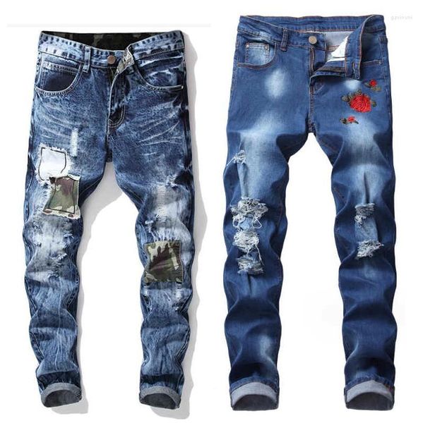 Erkek kot pantolon işlemeli gül denim streç pantolon delikleri ince fit mevsimi düz bacak pantolon