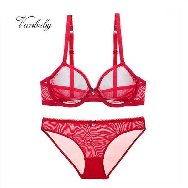 Set di reggiseni Varsbaby Set di lingerie trasparente in filato rosso grande sexy con fiocco in strass, reggiseno e slip trasparenti328T