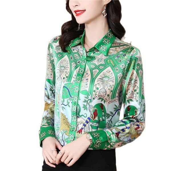 2023 Silk Print Designer Blusen Frauen Feine Elegante Button Up Hemd Büro Langarm Revers Damen Shirts Schlank Frühling Herbst Woma247L