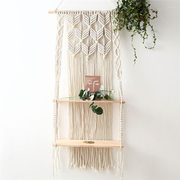 Piatti decorativi Appeso a parete Macrame Arazzo Scaffale Boho Scaffale in legno per fioriera Espositore per finitura vaso