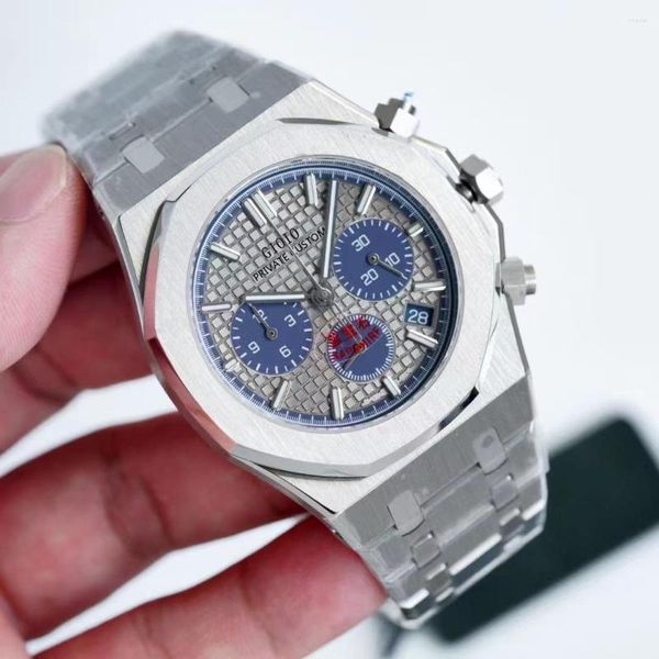 Relógios de pulso luxo mens quartzo cronógrafo relógio cronômetro preto azul cinza pulseira de aço inoxidável calendário de safira luminosa