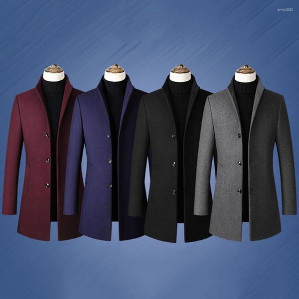 Jaquetas masculinas de manga comprida casaco de lã elegante casacos de inverno retro botão-breasted com bolsos grandes para homens ao ar livre